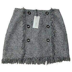 A Loves A Metallic Tweed Fringe Mini Skirt 4 High Rise Button Front A-Line New